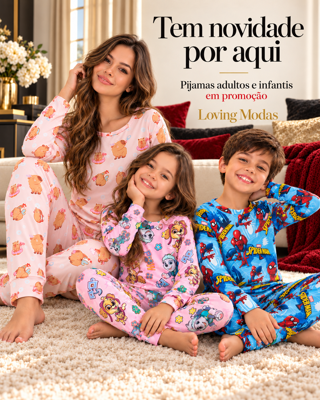 Mulher, menina e menino usando os pijamas estampados da Loving Modas